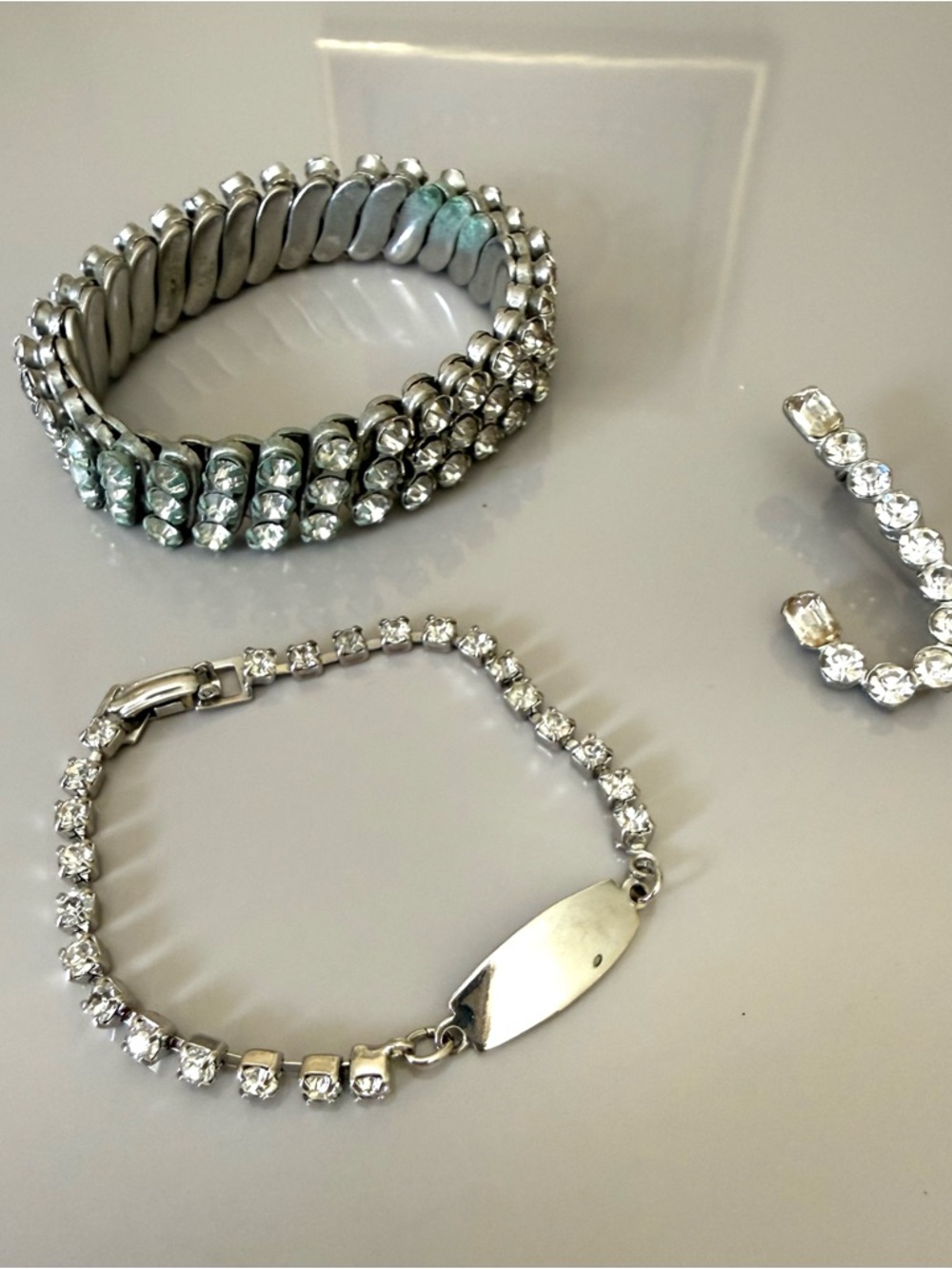 Vintage Rhinestone Bracelet with ID Plate plus 2 more Rhinestone pieces